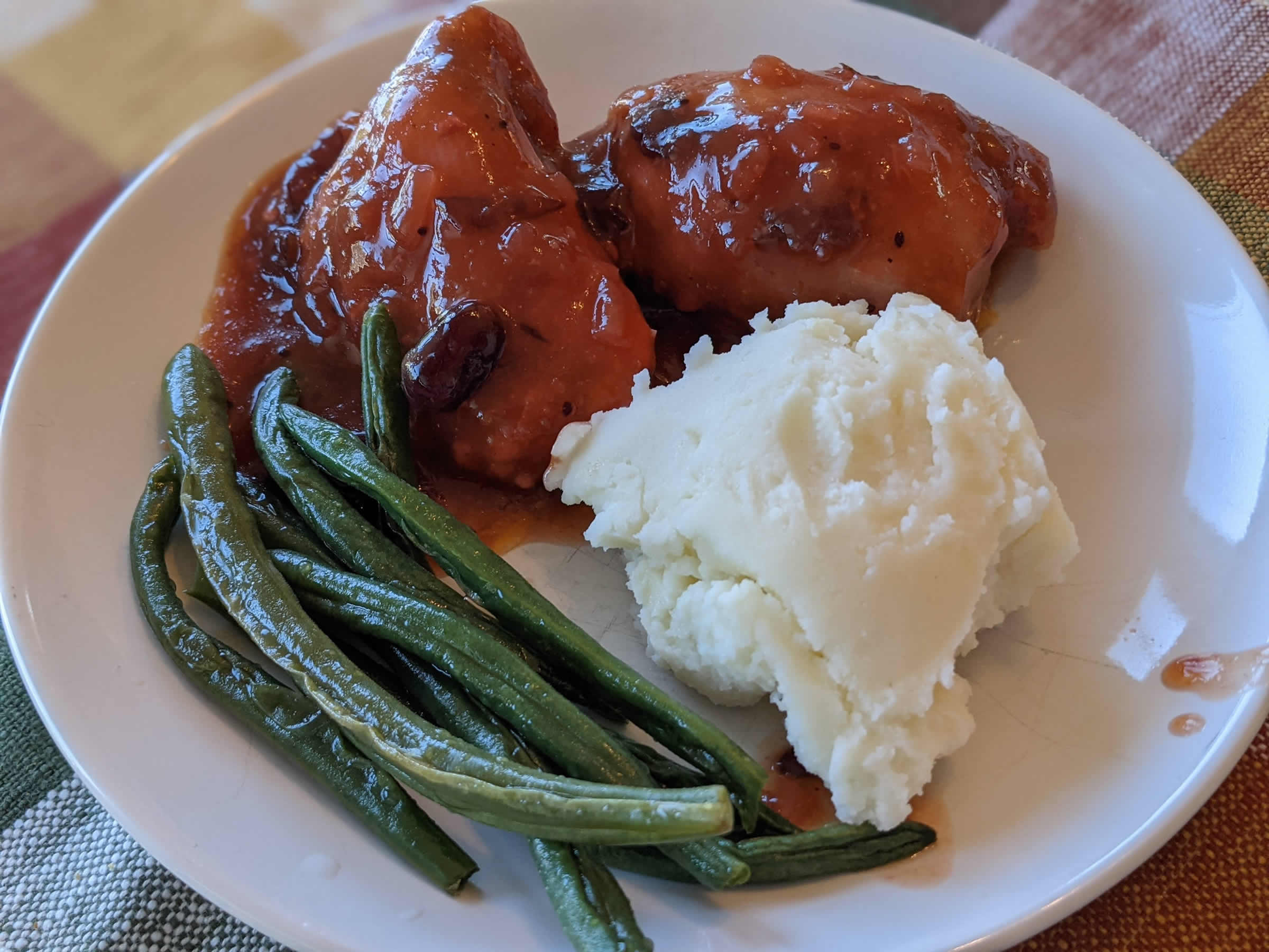 Ginger's Chicken served with mashed potatoes and roast green beans